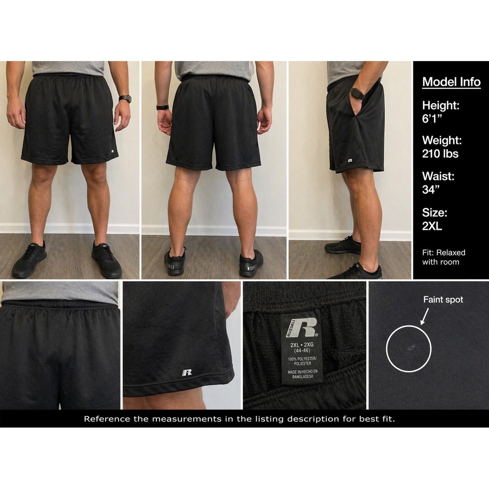 Russell Athletic Shorts Mens 2XL Black Dri Power 360 Athletic Gym Running Lightw